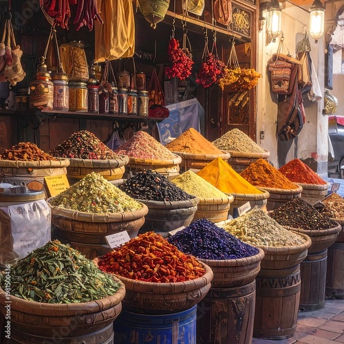 Colorful spice market with various herbs and spices on display