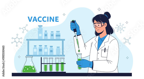 Scientist working in laboratory with vaccine research and test tubes, science concept