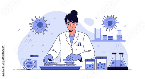 Scientist working in laboratory with virus samples and lab equipment
