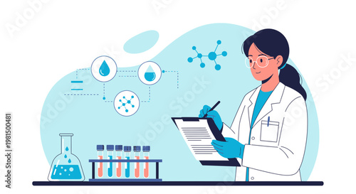 Scientist working in laboratory, conducting research with test tubes and beakers