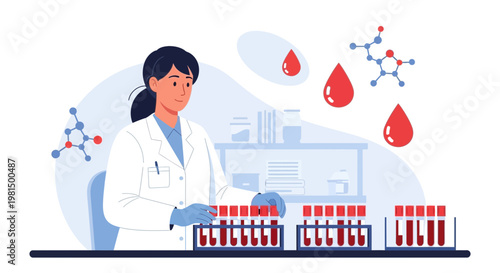 Scientist working with blood samples and molecular structures in a laboratory