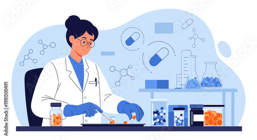 Scientist working in laboratory, developing new drugs and medicines, capsules and molecules