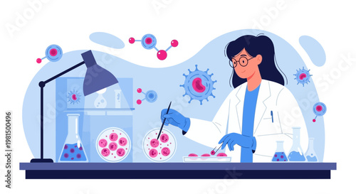 Scientist working with cell cultures in a laboratory, studying microorganisms and molecules