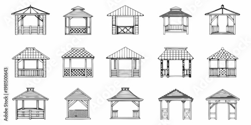 Collection of various gazebo and pavilion architectural sketches in black and white