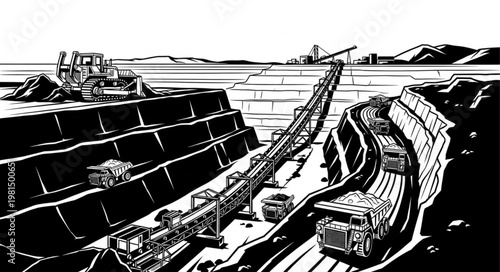 Industrial mining operation with heavy machinery and trucks.