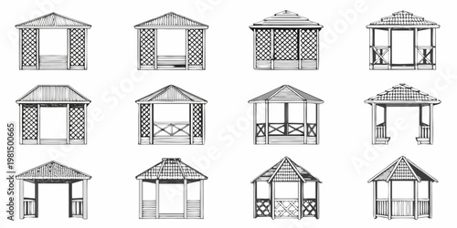 Collection of vintage gazebo and garden structure line art illustrations