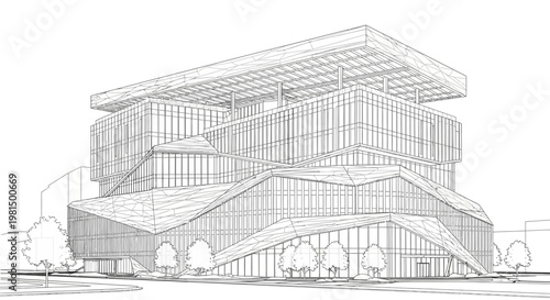 Detailed architectural sketch of a modern, multi-story building with a complex, angular facade and large windows, surrounded by trees.