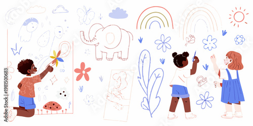 Children drawing colorful pictures on a white wall with crayons