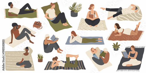 Diverse people relaxing outdoors reading and enjoying leisure time