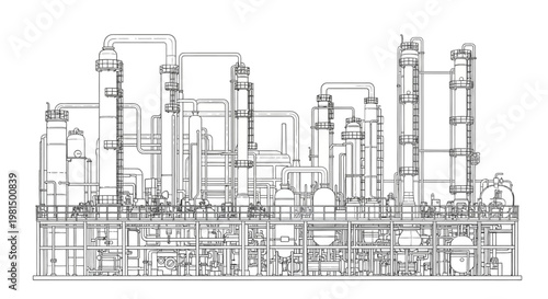 Detailed blueprint of a complex industrial chemical processing plant with multiple towers, pipes, and intricate machinery.