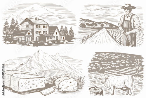 Vintage farm scene featuring a house fields livestock and cheese
