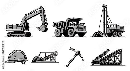 Collection of mining and construction heavy machinery and equipment.
