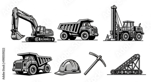Collection of construction and mining heavy machinery and equipment illustrations.