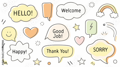 Colorful speech bubbles and positive messages in a playful doodle style