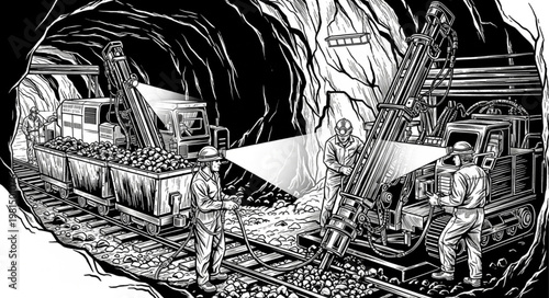 Miners working underground in a dark mine shaft with machinery.