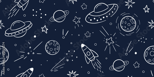 Whimsical space doodles rockets planets stars and ufo s on navy