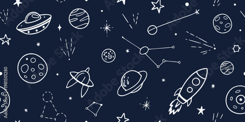 A playful dark blue background filled with hand drawn space objects