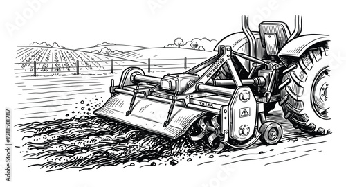 Rotary tiller attached to tractor tilling soil in rural field with rows of crops in distance