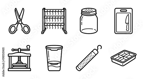 Assorted kitchen tools and utensils isolated on white background