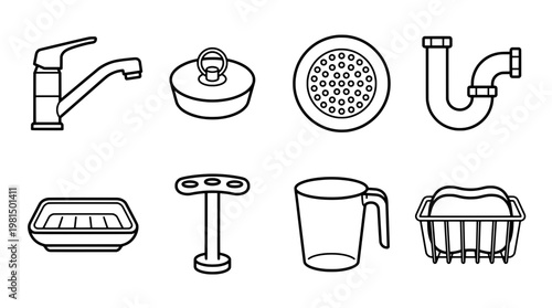 Bathroom fixtures and accessories outline illustrations vector set