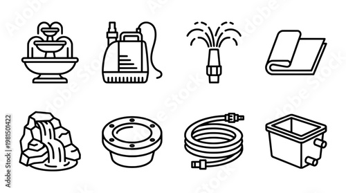Collection of fountain and water feature elements vector illustrations