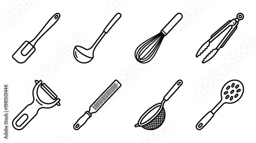 Collection of kitchen utensils in outlined style for cooking projects
