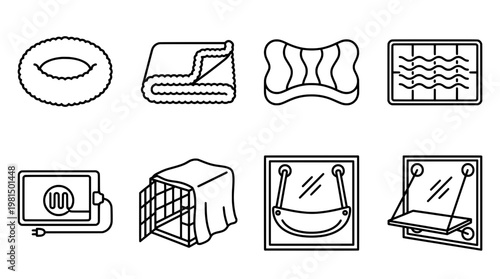 Collection of pet care icons bedding accessories and comfort essentials