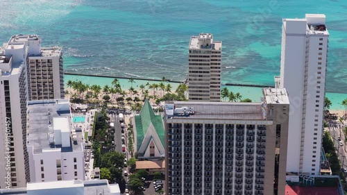 Waikiki Beach high angle aerial view, tall buildings by the ocean coast, Honolul , Hawaii