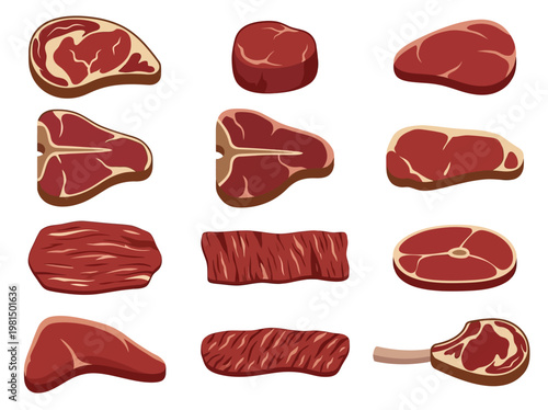 Clean 2D vector illustration showcasing a premium selection of raw beef cuts, perfect for culinary and food-related design projects.