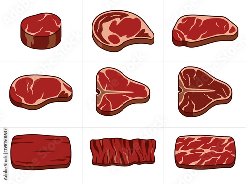 Clean flat 2D vector infographic showcasing premium fresh raw beef steak cuts, ideal for culinary and food industry concepts.