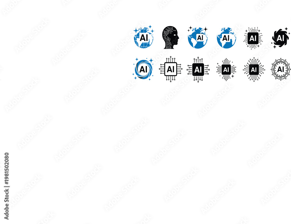 Fototapeta premium AI Technology Icons Set Featuring Brain, Globe, Chip, and Abstract Symbols Representing Artificial Intelligence Innovation