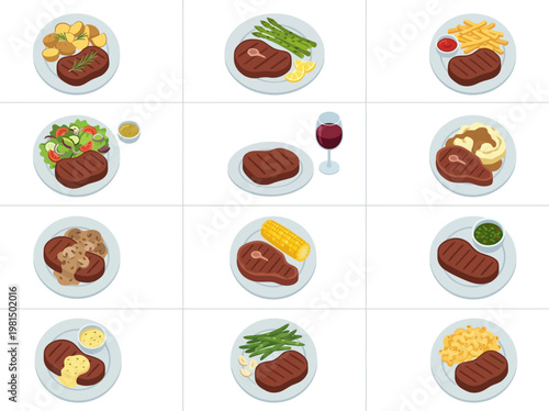 Elegant 2D vector infographic with diverse steak meals. Grilled meat, various gourmet side dishes, sauces on plates, top-down view.