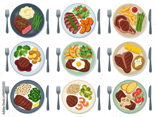 Elegant flat vector infographic displaying various steak meals with diverse side dishes in a top-down view, showcasing culinary options
