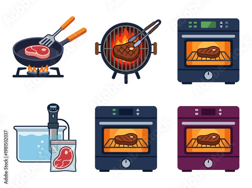 Flat Vector Infographic Set Showing Various Steak Cooking Methods: Pan-Frying, Grilling, Oven Roasting, and Sous-Vide Preparation.