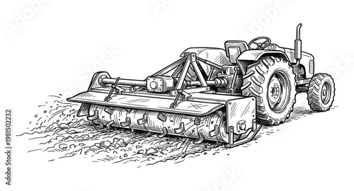 Tractor with rotary tiller attached, preparing soil on a farm field
