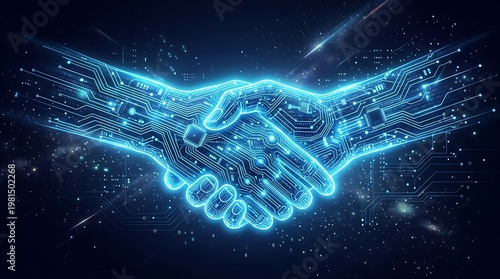 Digital handshake formed by glowing blue circuit board lines against a starry cosmic background