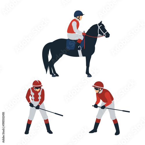 Horse Racing Jockeys: Rider on Horseback and Two Standing with Whips