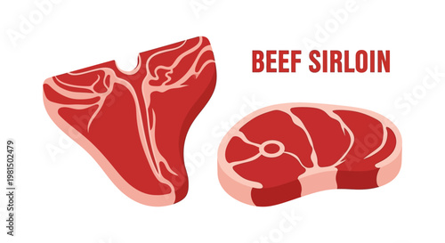 Raw Beef Sirloin Steaks: T-Bone and Round Cut - Isolated on White Background