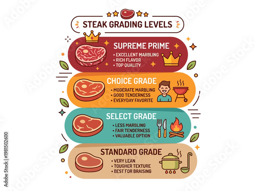 Infographic: Steak grading levels, supreme prime to standard, detailing beef quality, marbling, and tenderness.