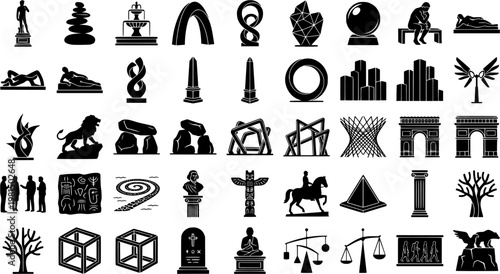 Outdoor Sculpture Icons. Outdoor sculpture. Solid icon set of Outdoor sculpture: metal statue, stone art piece, public plaza, pedestal sculpture, large art