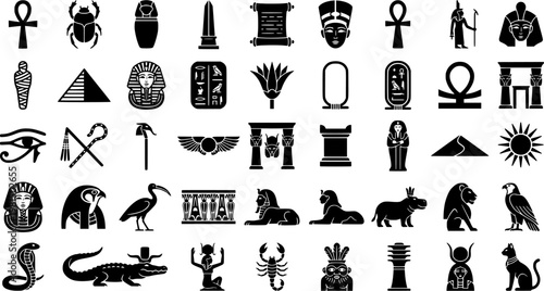 Egyptian Icon Collection. Egyptian relics. Line icon set of Egyptian relics: ankh, scarab, canopic jar, cartouche, papyrus, ushabti, pyramid model, pharaoh