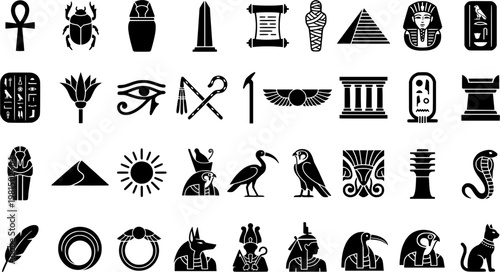 Egyptian Icon Collection. Egyptian relics. Line icon set of Egyptian relics: ankh, scarab, canopic jar, cartouche, papyrus, ushabti, pyramid model, pharaoh