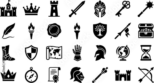 Medieval icon set with castles, crowns, and scrolls in line art style

