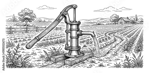 Vintage hand water pump in farm field, drawing water from well for irrigation, rural scene