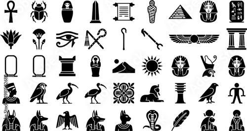 Egyptian Icon Collection. Egyptian relics. Line icon set of Egyptian relics: ankh, scarab, canopic jar, cartouche, papyrus, ushabti, pyramid model, pharaoh