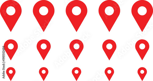 Red Location Pin Icon Set in Various Sizes, Vector Illustration for Maps, Navigation, and Geolocation