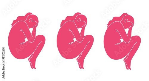 Three Pink Silhouettes of a Woman in Fetal Position, Representing Sadness, Depression, or Isolation