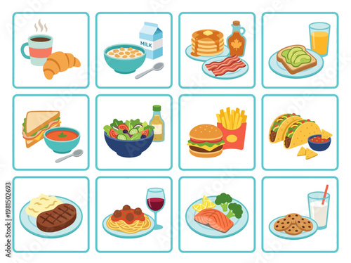 Playful flat vector infographic illustrating a modern collection of diverse daily meals and delicious culinary dishes.
