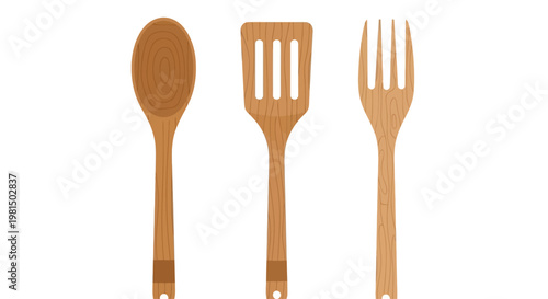 Wooden Kitchen Utensils: Spoon, Spatula, and Fork on White Background