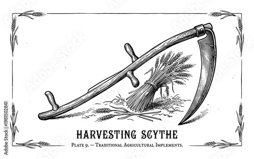 Vintage harvesting scythe and wheat ears, plate 9 traditional agricultural implements